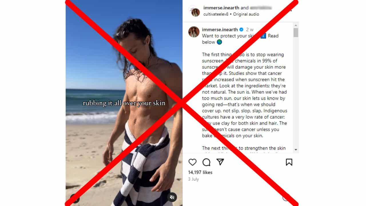 Rhys Menzel Instagram post about sunscreen causing cancer.