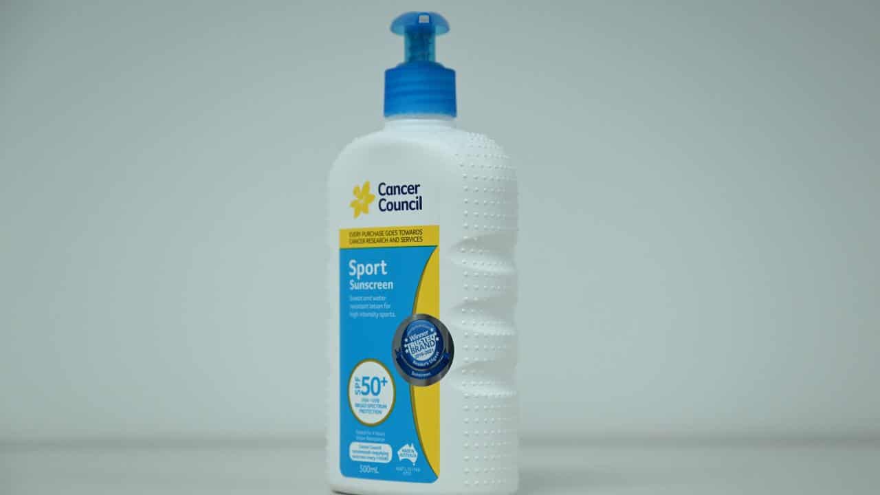 A pump bottle of the Cancer Council Sport Sunscreen SPF 50+