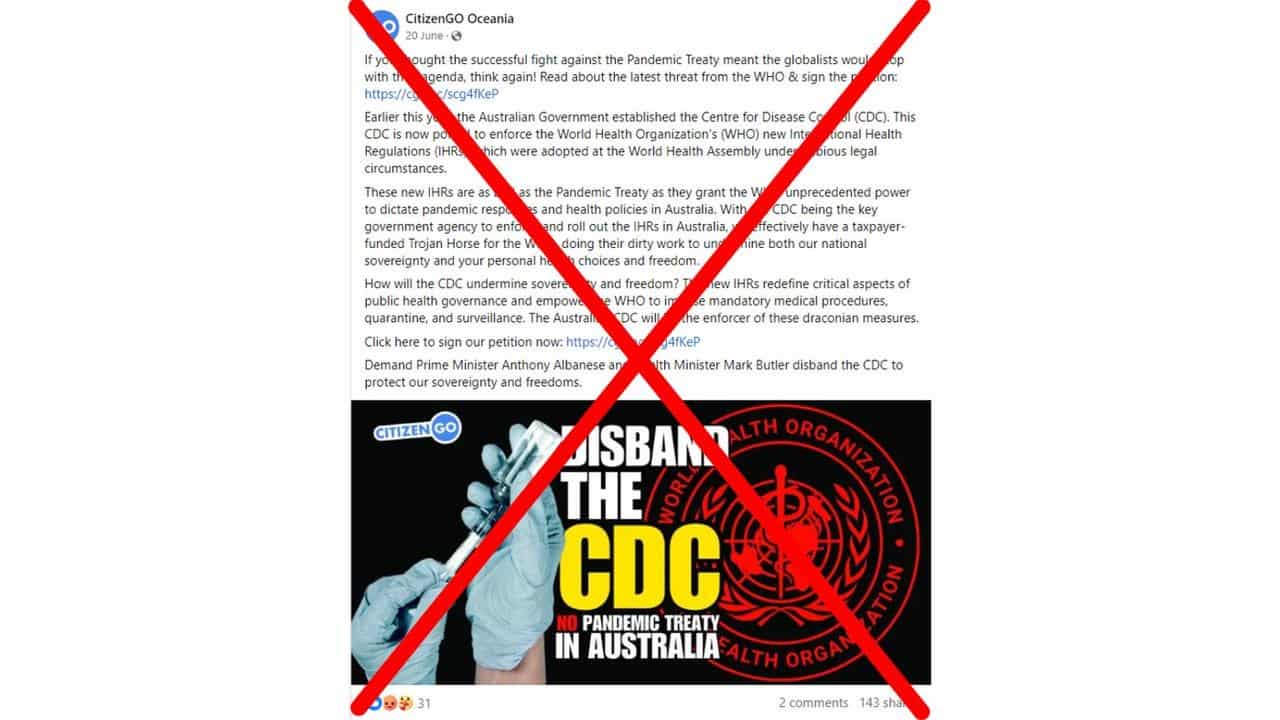 Crossed out CitizenGO Ozeania Facebook post about the CDC and WHO