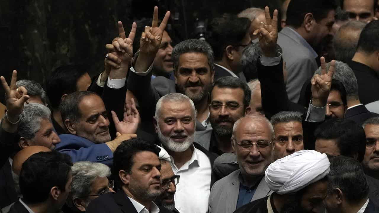 Palestinian Hamas chief Ismail Haniyeh in Iran's parliament in Tehran