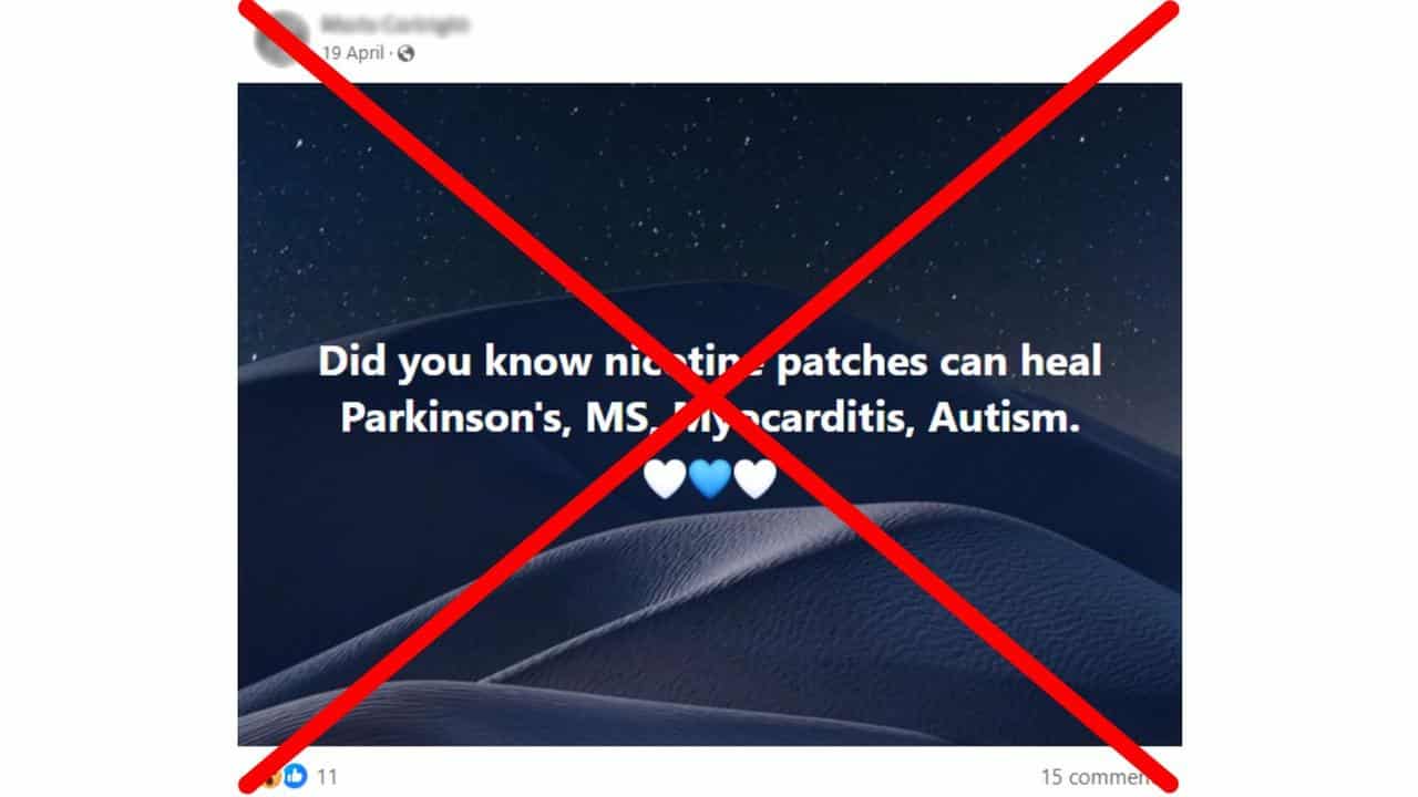 Crossed out Facebook post claiming nicotine cures Parkinson's disease.