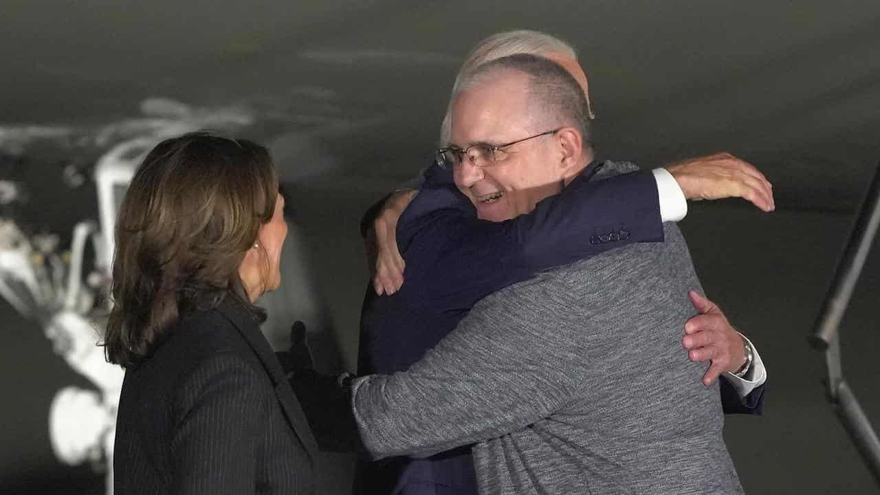 President Joe Biden and Vice President Kamala Harris greet Paul Whelan