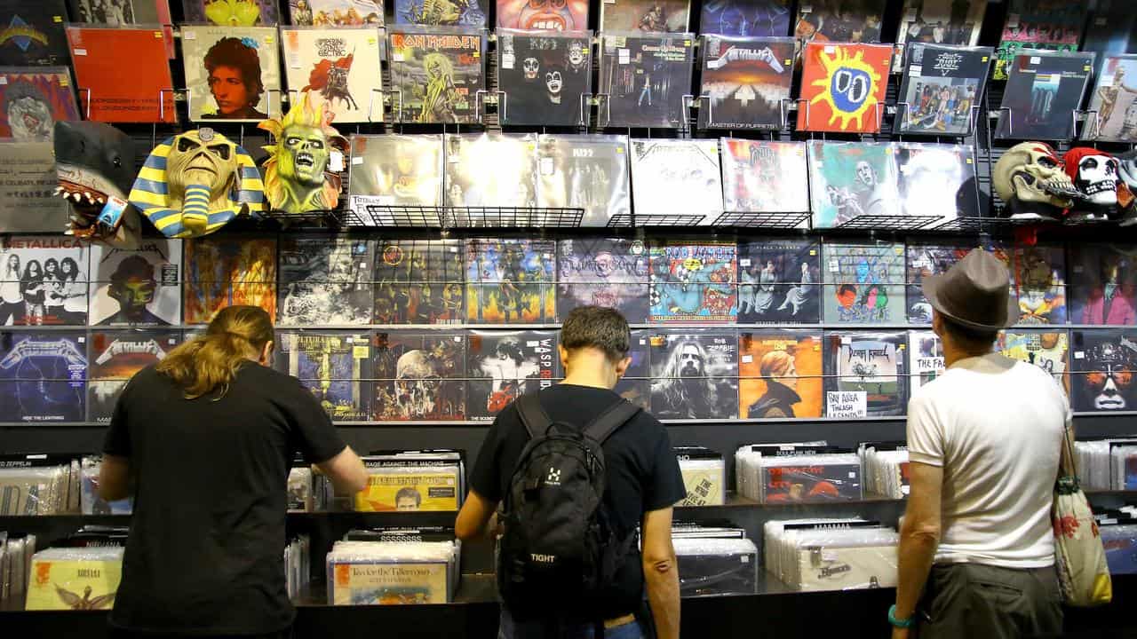 Shoppers at a record store.