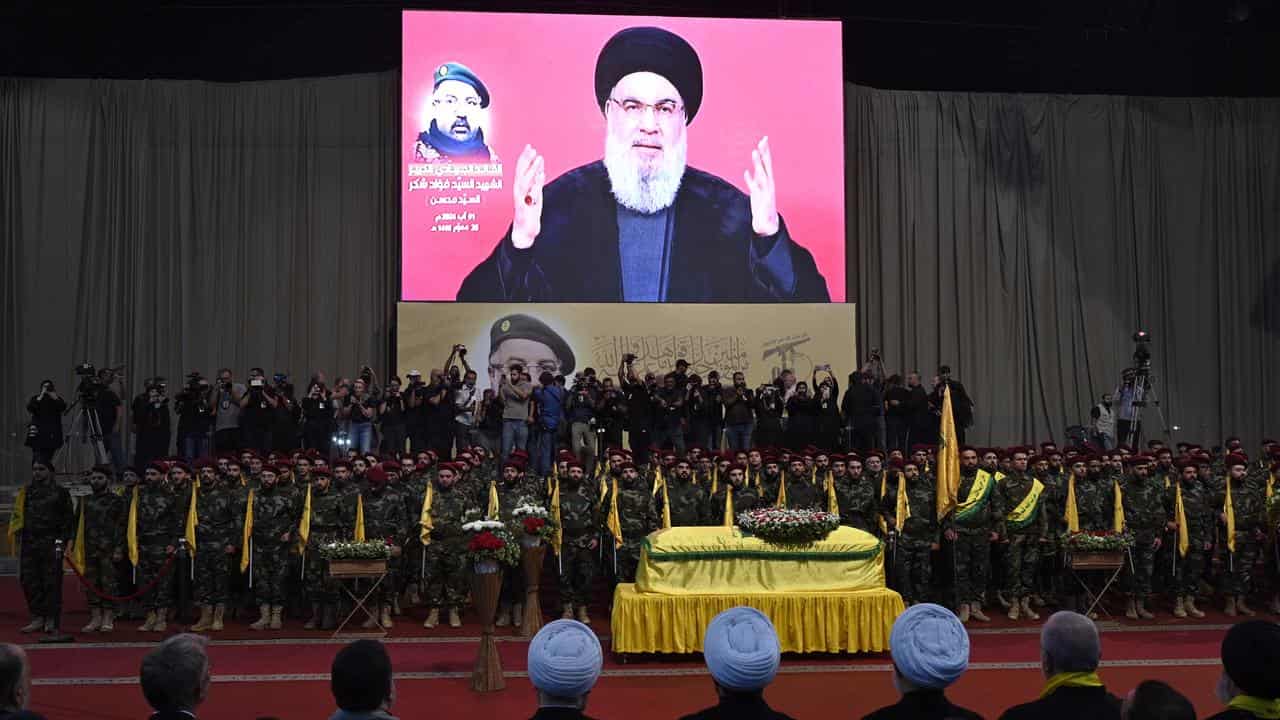 Hezbollah leader Hassan Nasrallah speaks at Fuad Shukr's funeral