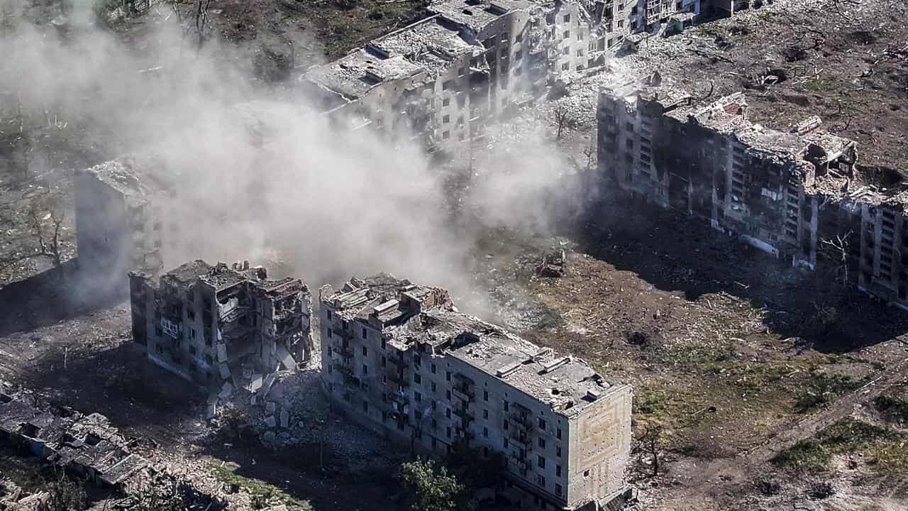 A file photo of damaged buildings in Ukraine 