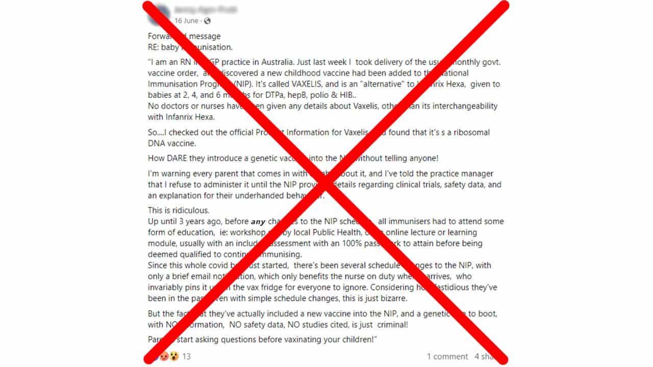 Crossed out Facebook post claiming Vaxellis vaccine contains DNA.