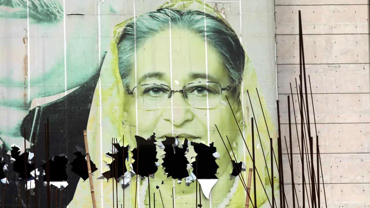 A vandalised image of Prime Minister Sheikh, in Dhaka, Bangladesh 