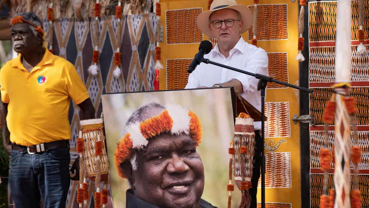 Anthony Albanese speaks at Yunupingu's memorial