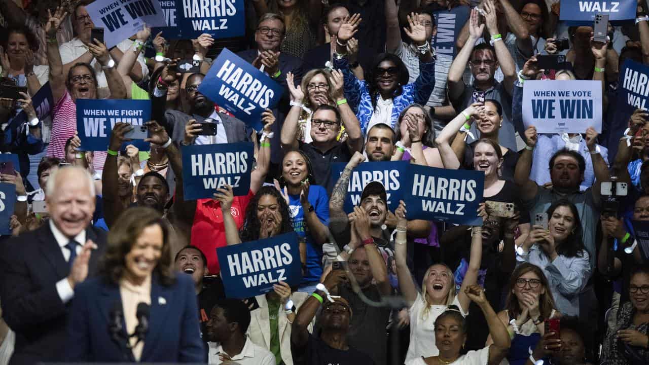 Kamala Harris and her running mate Tim Walz at a rally in Philadelphia