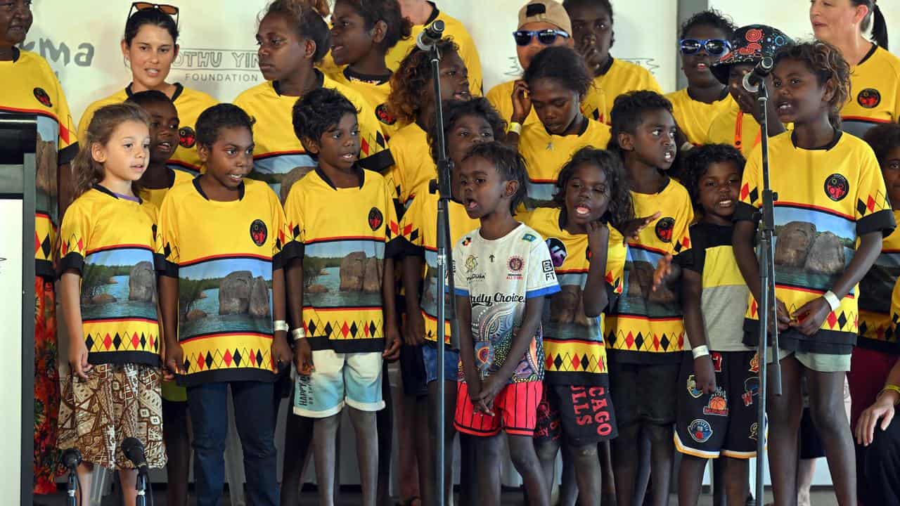 Children from Dhupuma Barker School sing during  Garma.