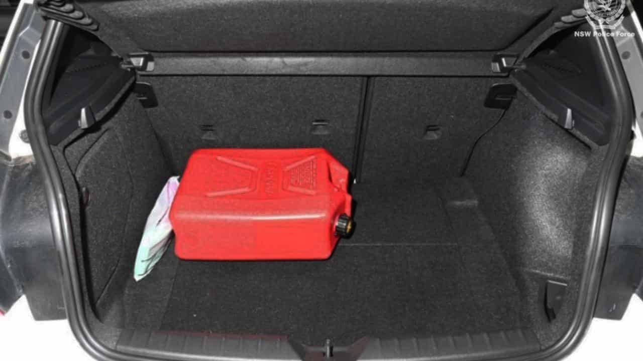 Jerry can inside a car seized by police in western Sydney