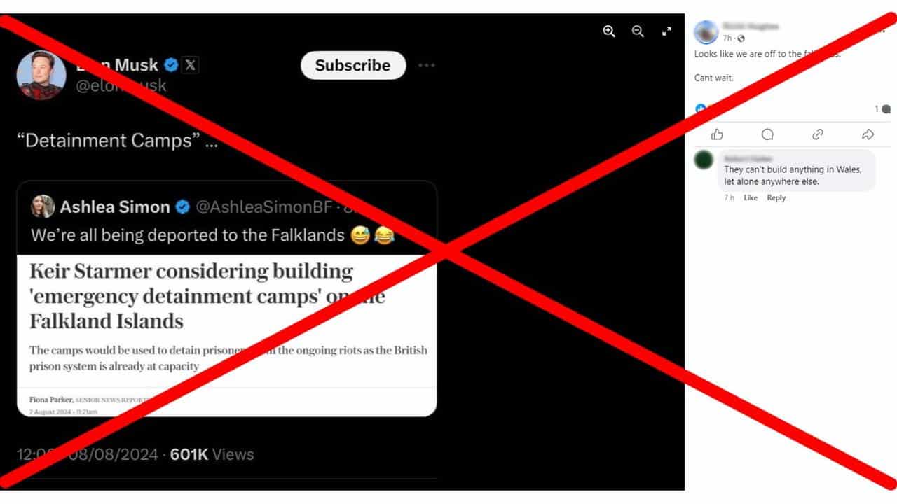 Elon Musk sharing 'Detainment camps' in Falklands fake X post.