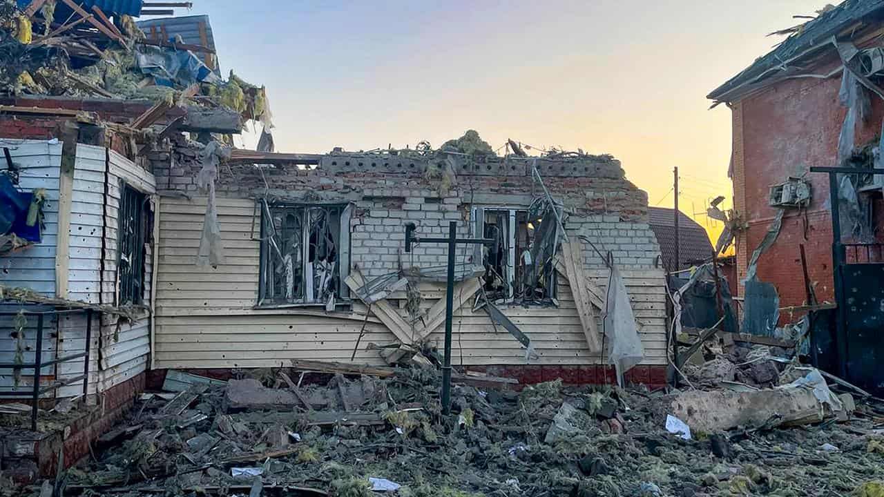 A damaged house after shelling by Ukraine in the city of Sudzha