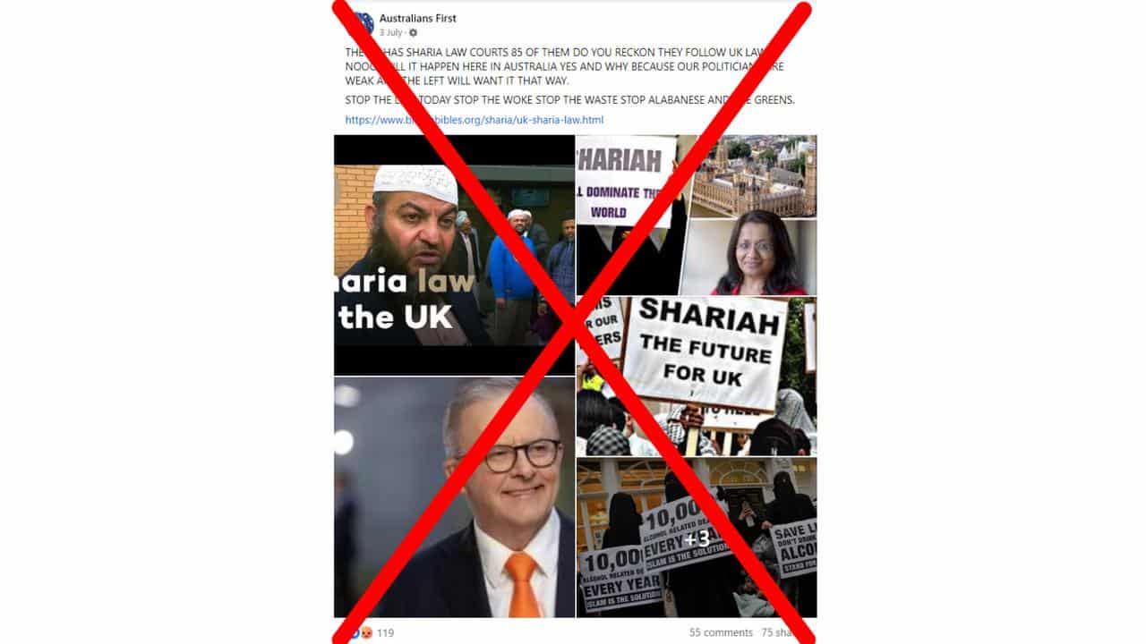 Crossed out Australians First Facebook post about sharia law in UK