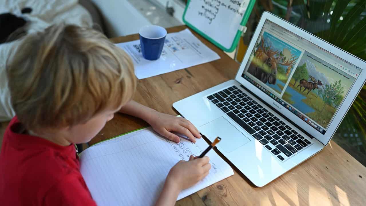 A primary student doing his homework.