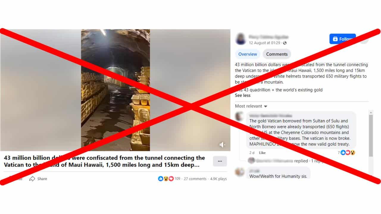 Crossed out Facebook post about gold tunnel from Vatican to Maui