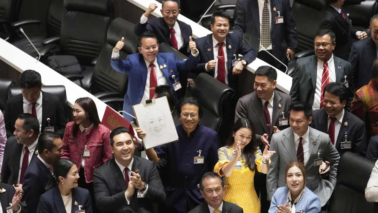 Pheu Thai party lawmakers celebrate Paetongtarn Shinawatra's election