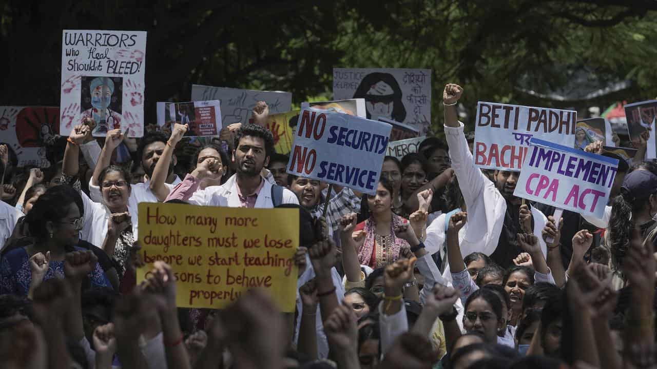 Doctors shout slogans during a nationwide protest in Hyderabad, India