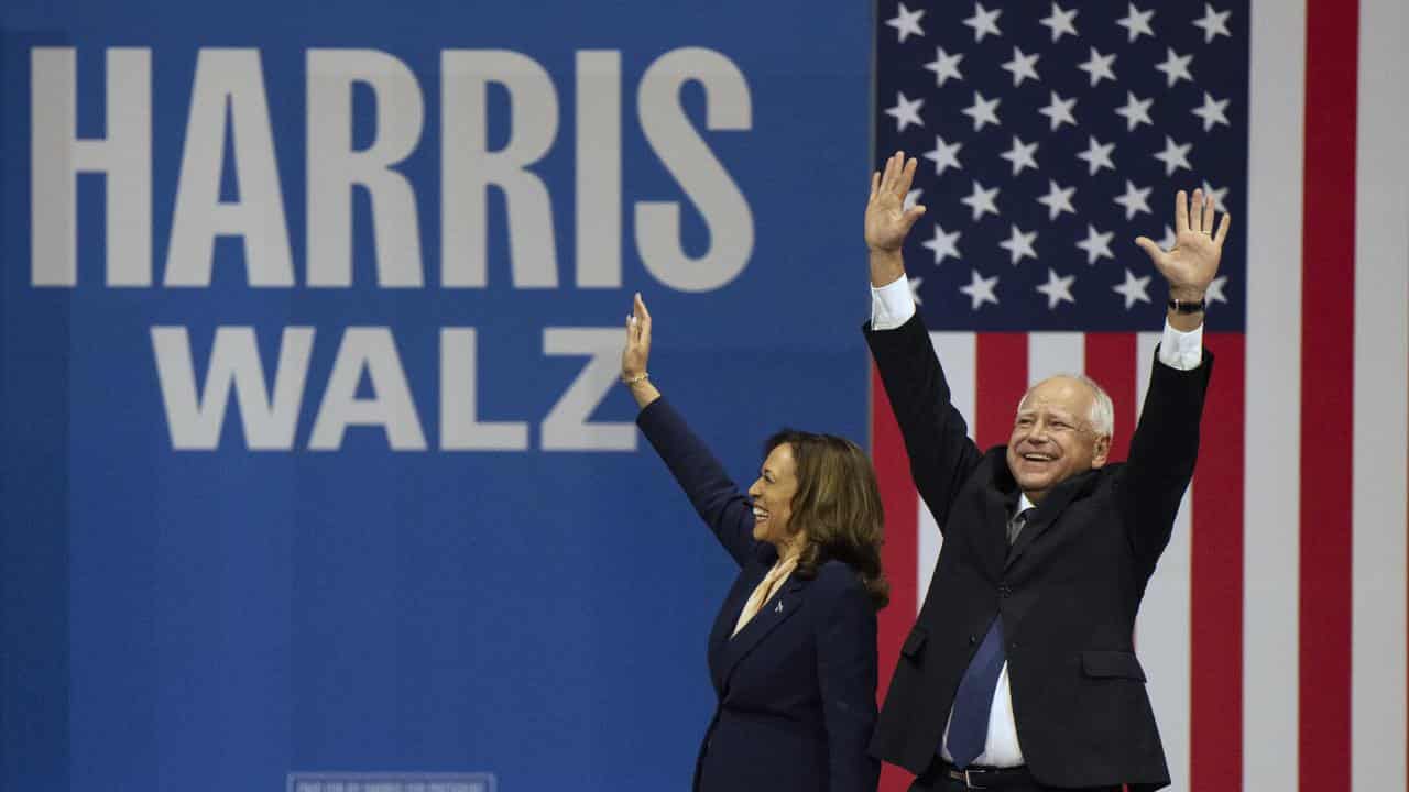 Kamala Harris and Tim Walz at a campaign rally (file image)