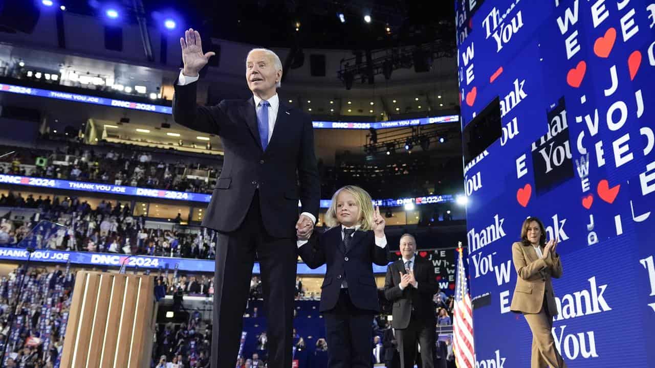 President Joe Biden waves during the Democratic National Convention