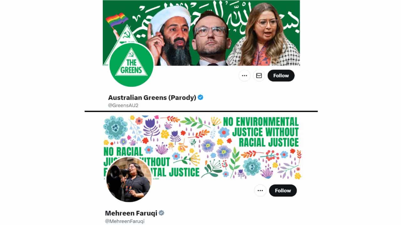 Australian Greens (Parody) X account compared to Mehreen Faruqi's