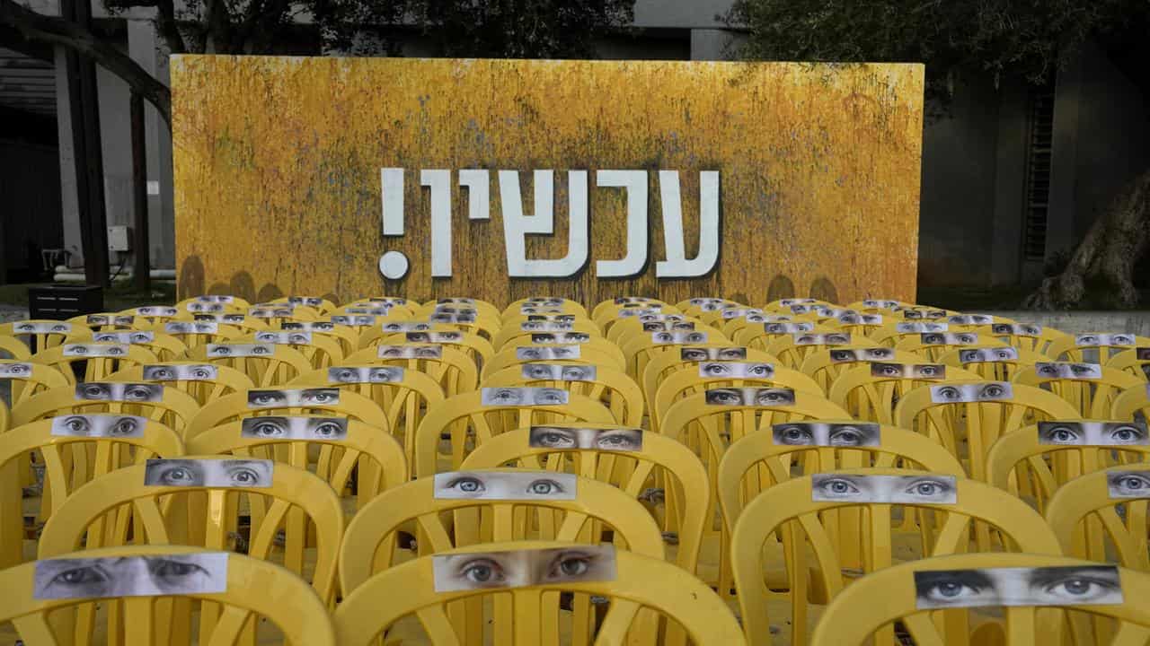 Chairs representing hostages held by Hamas