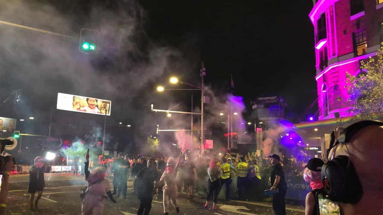 A clash between police and protesters at the Mardi Gras in 2024