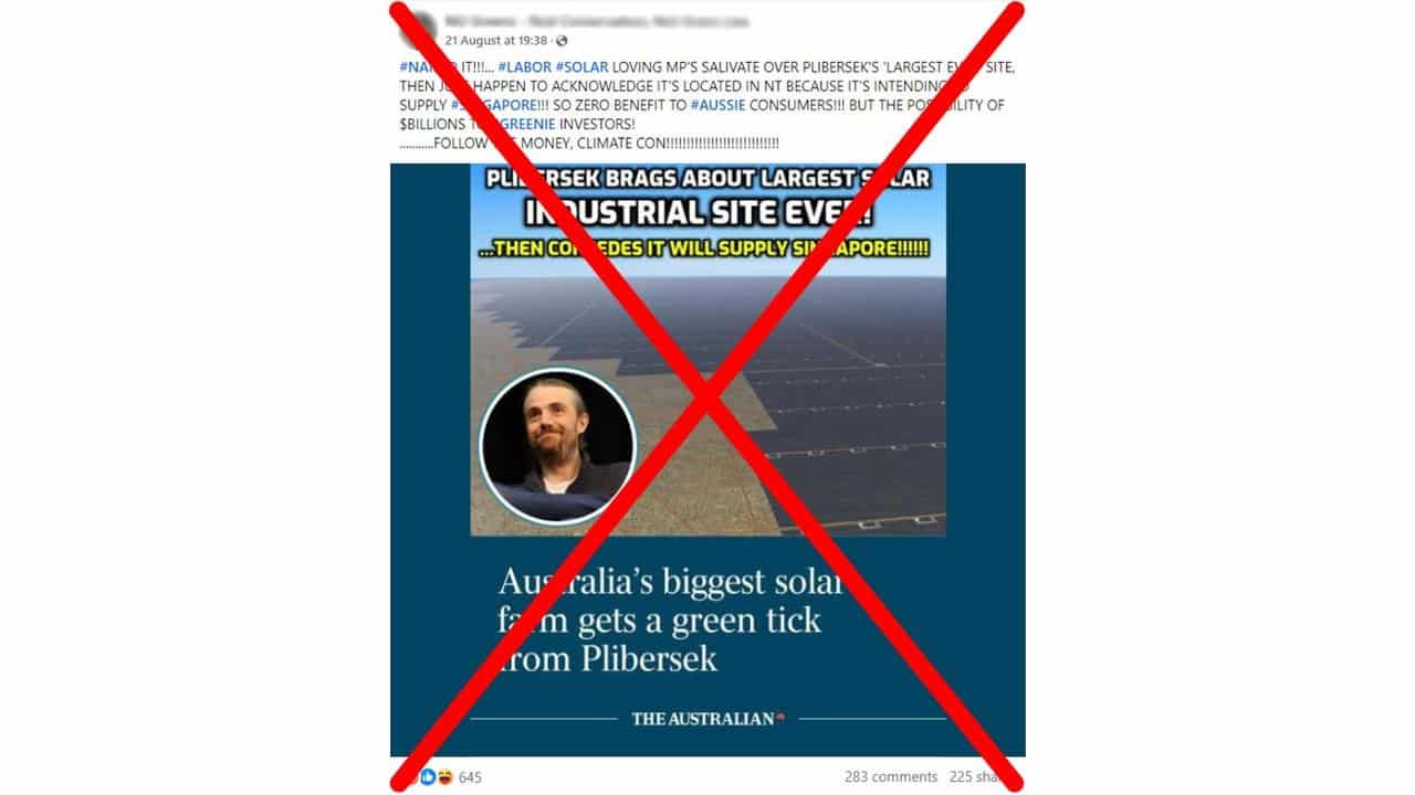 Crossed-out Facebook post about NT solar farm.