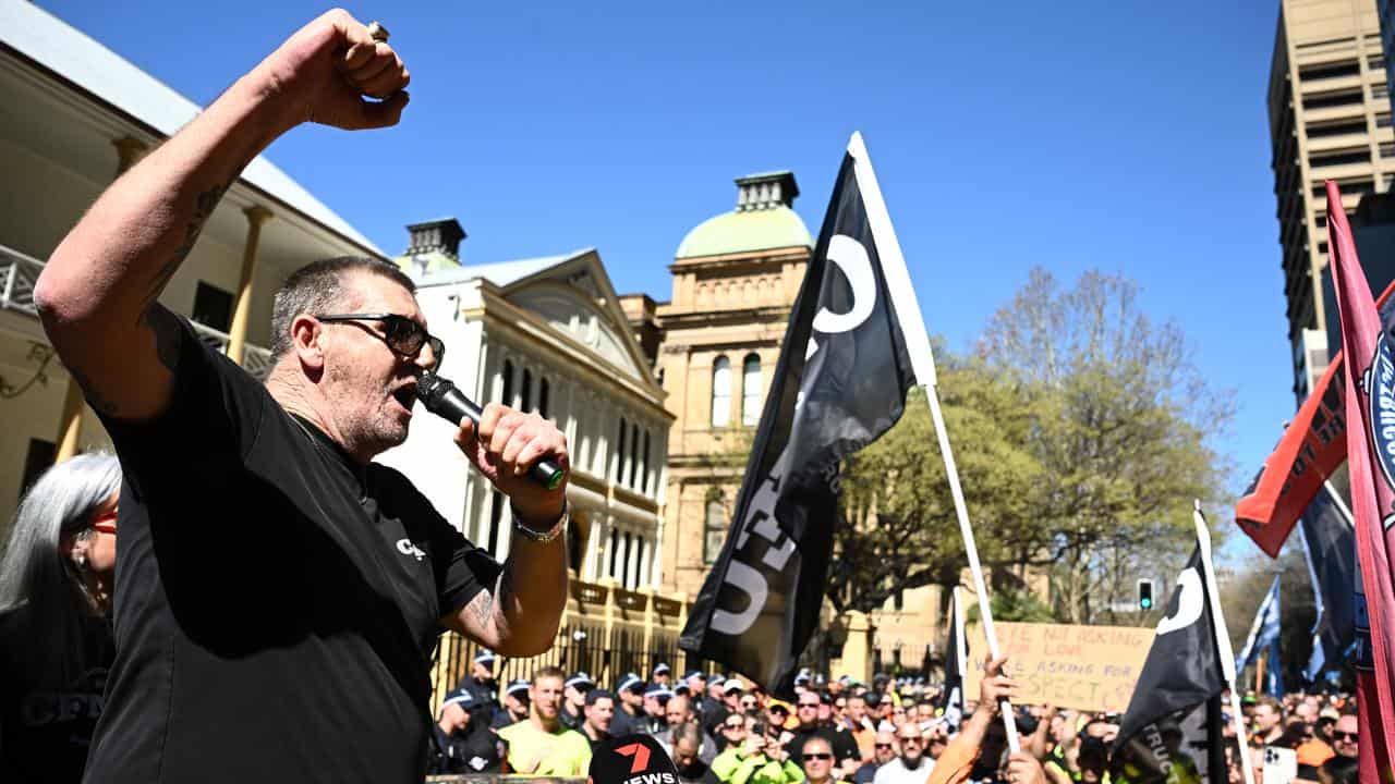 Darren Greenfield addresses the Sydney rally