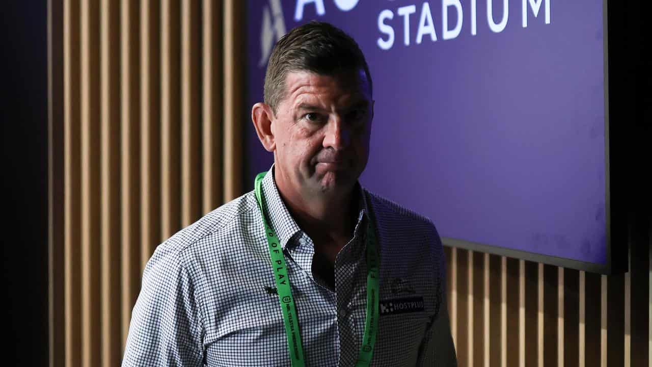 Rabbitohs coach, Jason Demetriou departs a press conference