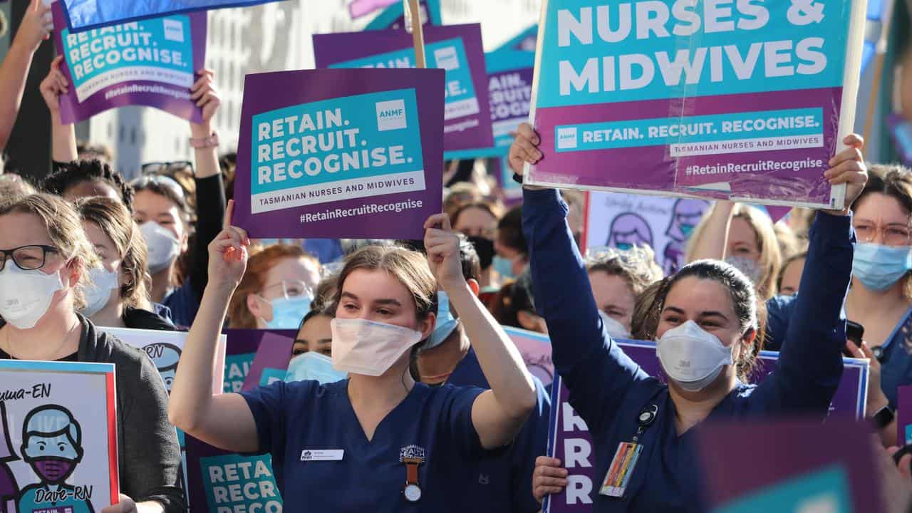 Nurses and midwives strike outside the Royal Hobart Hospital in 2022 