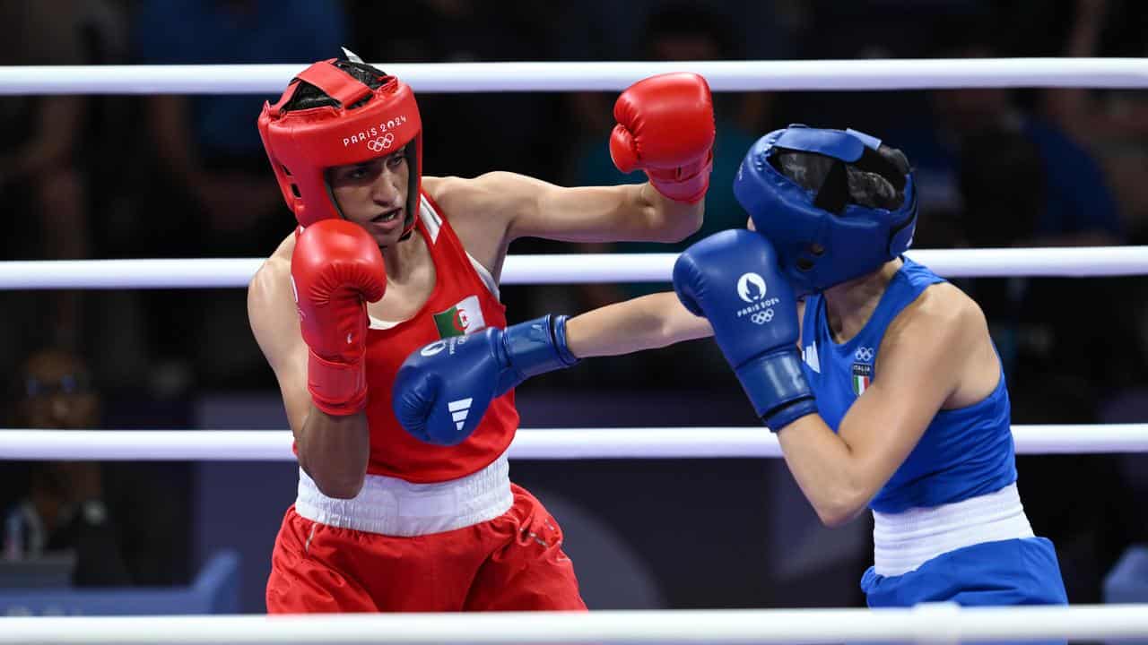 Imane Khelif fights during the Paris Games