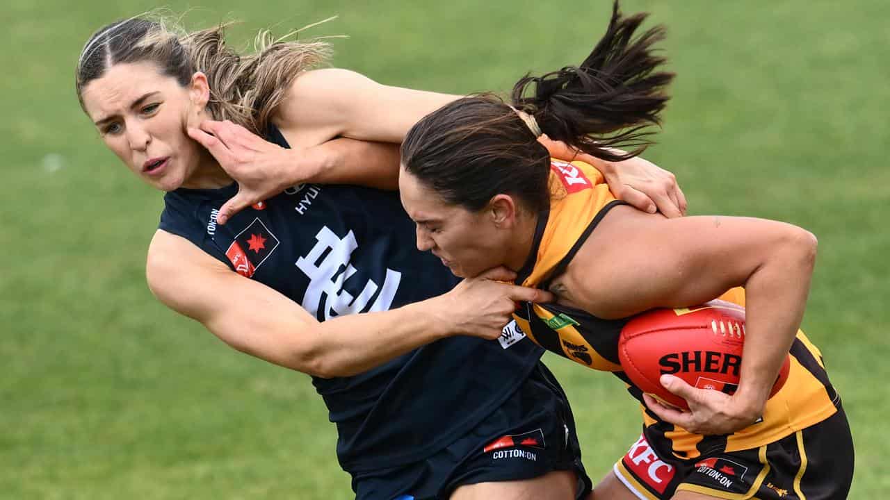 Hawk Mattea Breed tangling with Carlton's Dayna Finn.