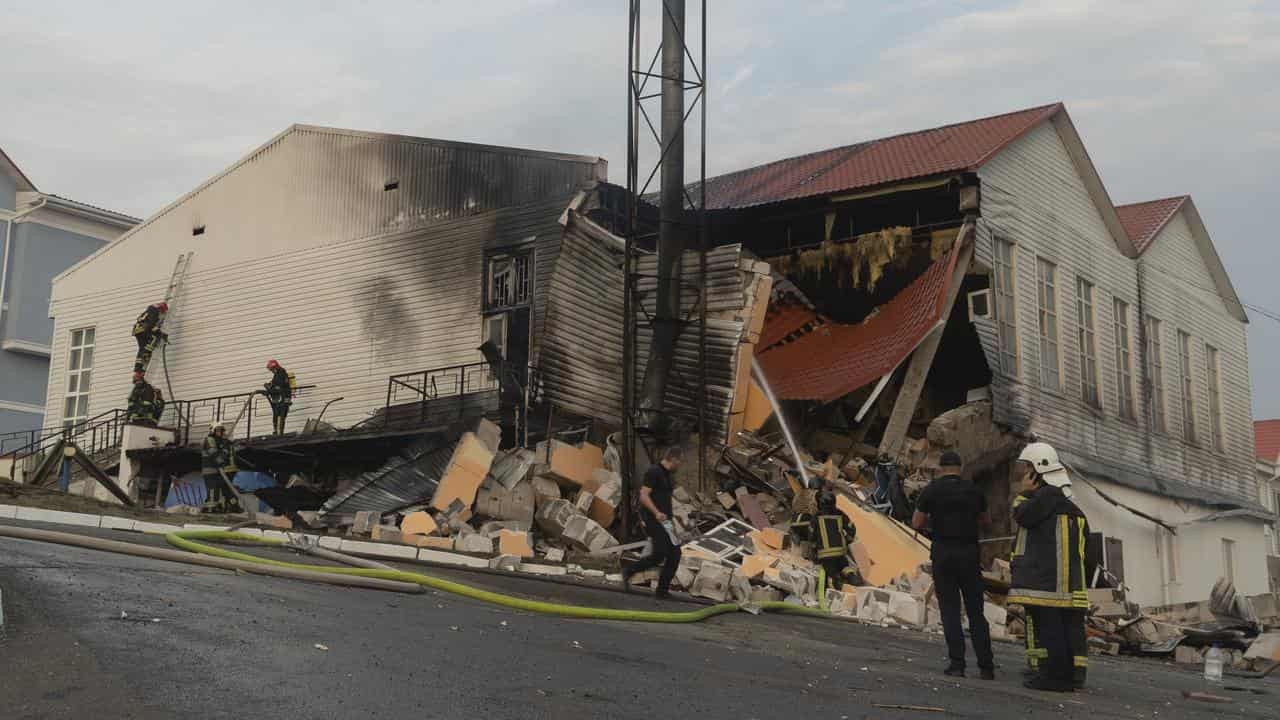 A higher education building after after a rocket hit in Kyiv