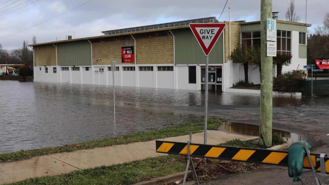 The flooded greens at the New Norfolk bowls club. 