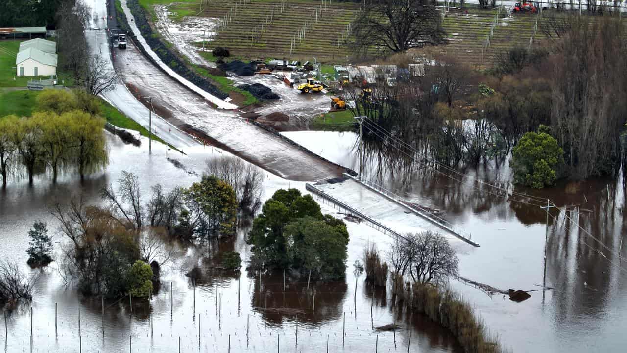 An aerial view of flooding in Bushy Park, Tasmania.