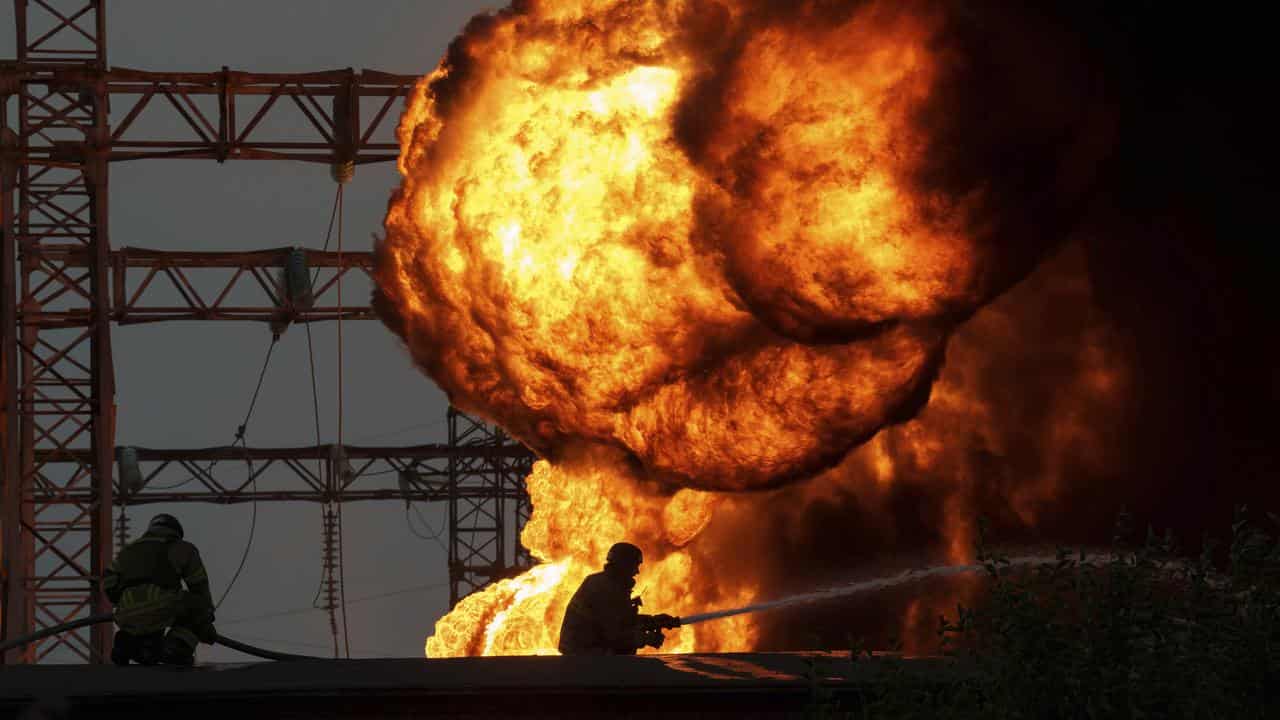 An electrical substation after a Russian strike in Ukraine