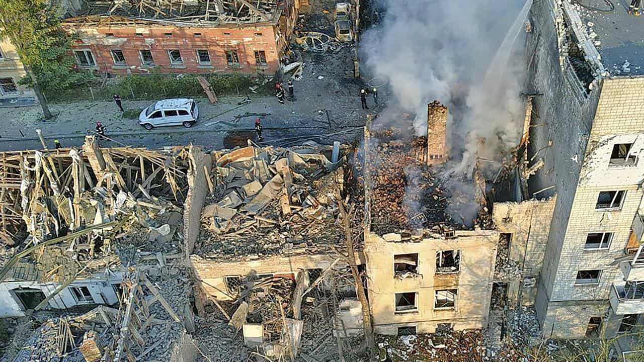 A building that was destroyed by a Russian strike in Lviv, Ukraine