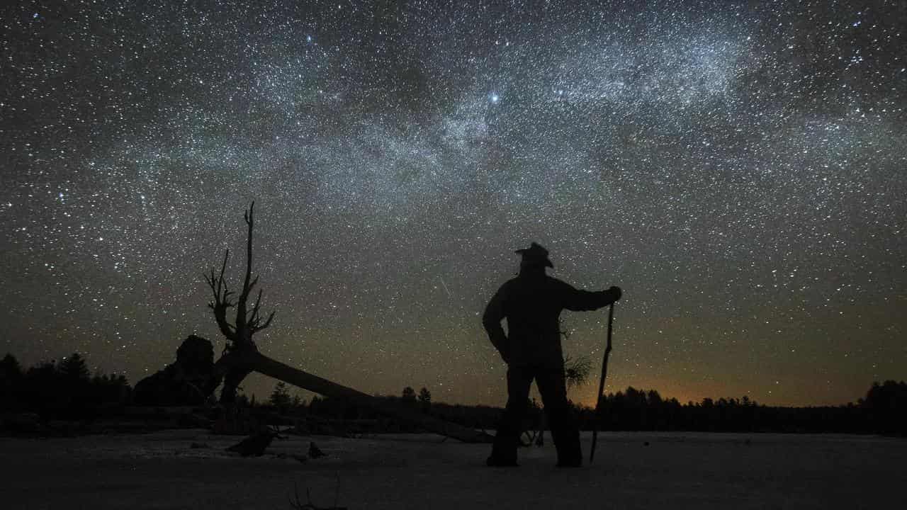 A man looks up to the night sky.