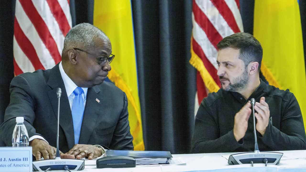 Lloyd Austin and Volodymyr Zelenskiy at Ramstein Air Base