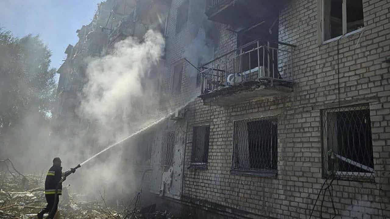 A fire following a Russian missile attack in Pavlograd, Ukraine