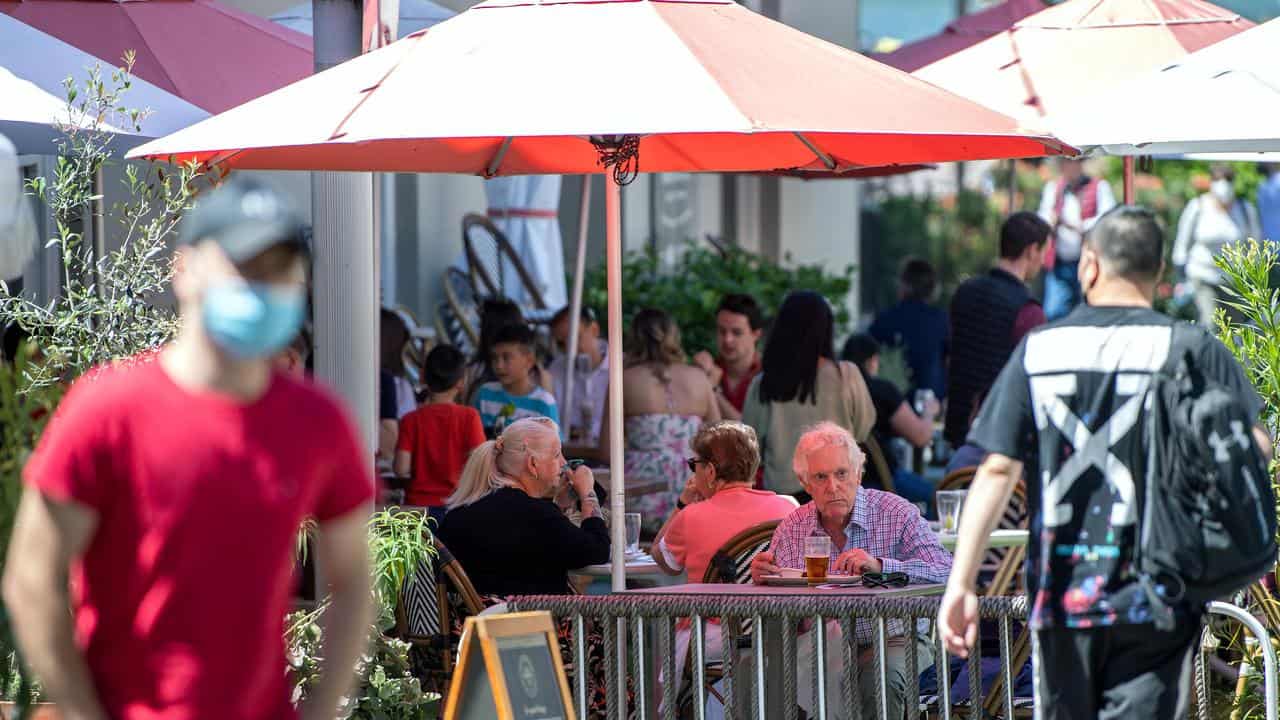 Outdoor dining areas of pubs and cafes at The Rocks, Sydney