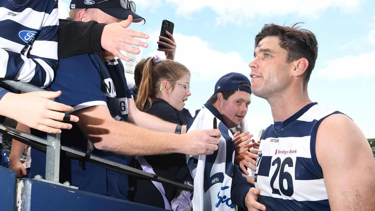 Tom Hawkins of the Cats in after the VFL Semi Final