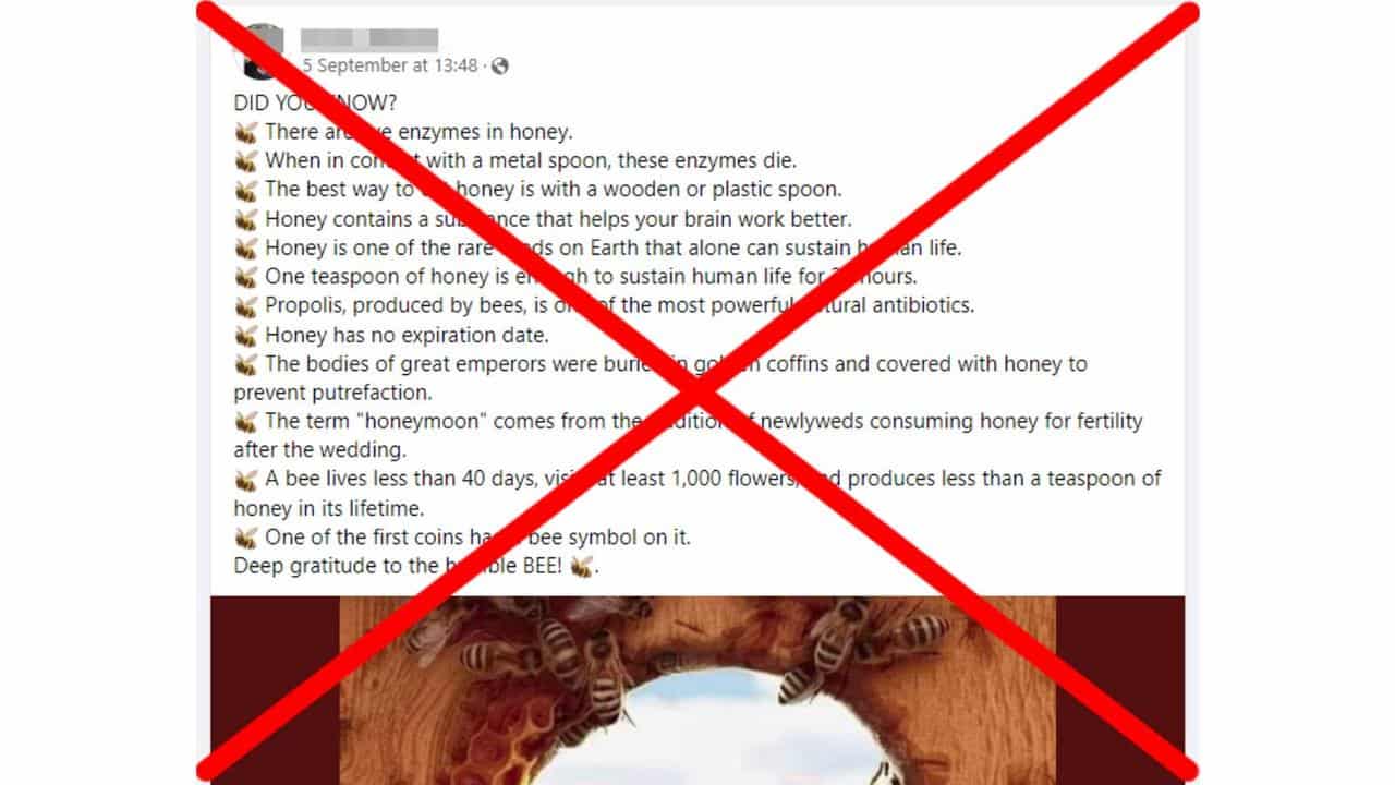 A Facebook post containing untrue claims about honey.