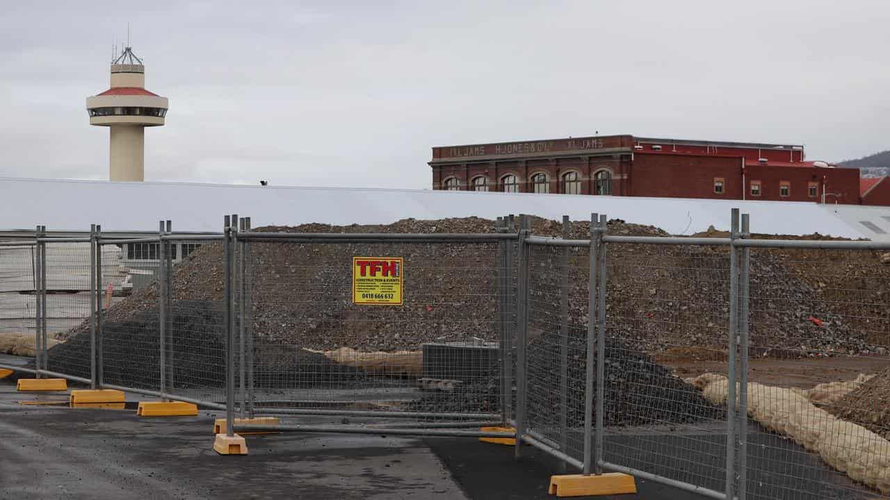 A general view of construction work at Macquarie Point in Hobart