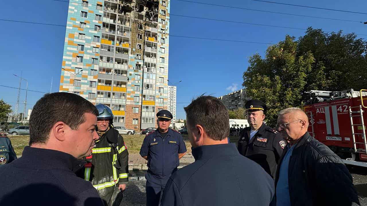 Building damaged in a Ukrainian drone attack in Ramenskoye