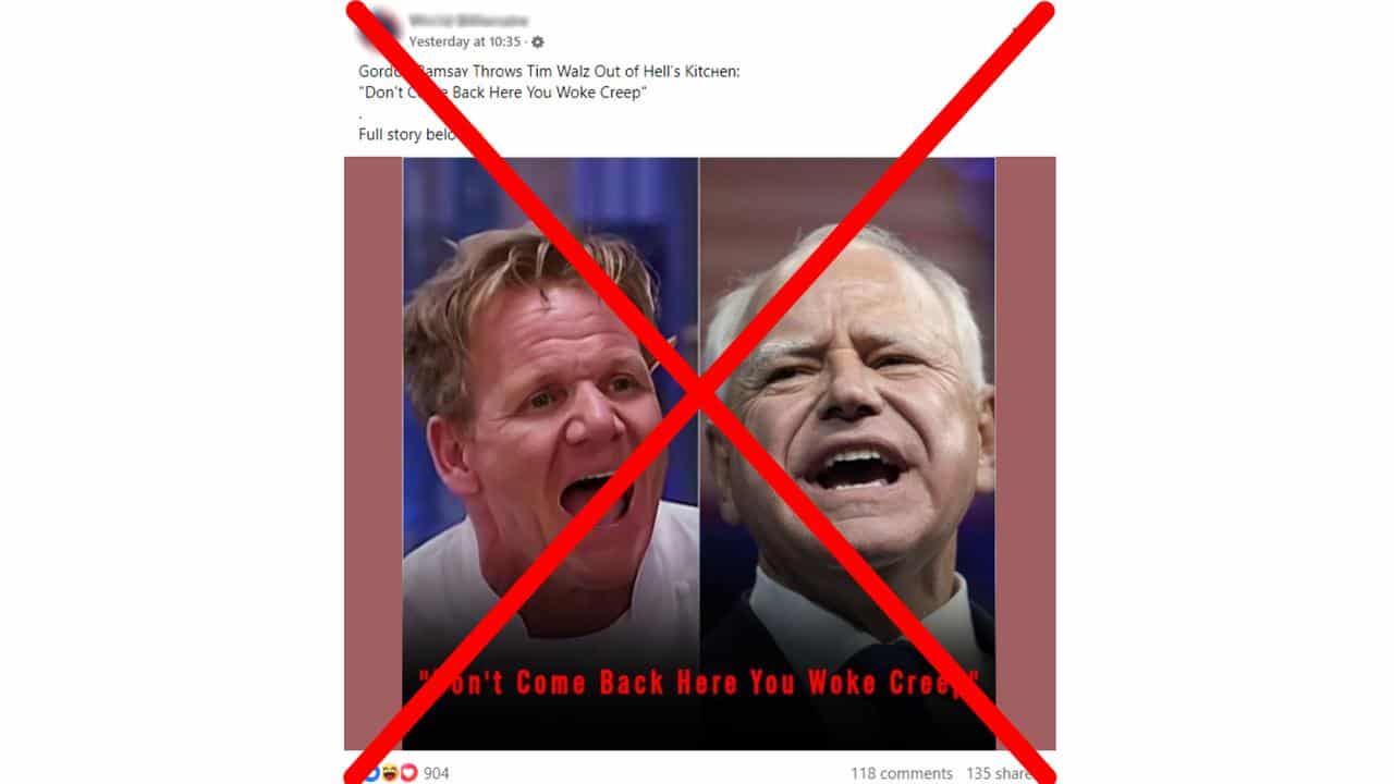 Facebook post claiming Gordon Ramsey threw Tim Walz out.