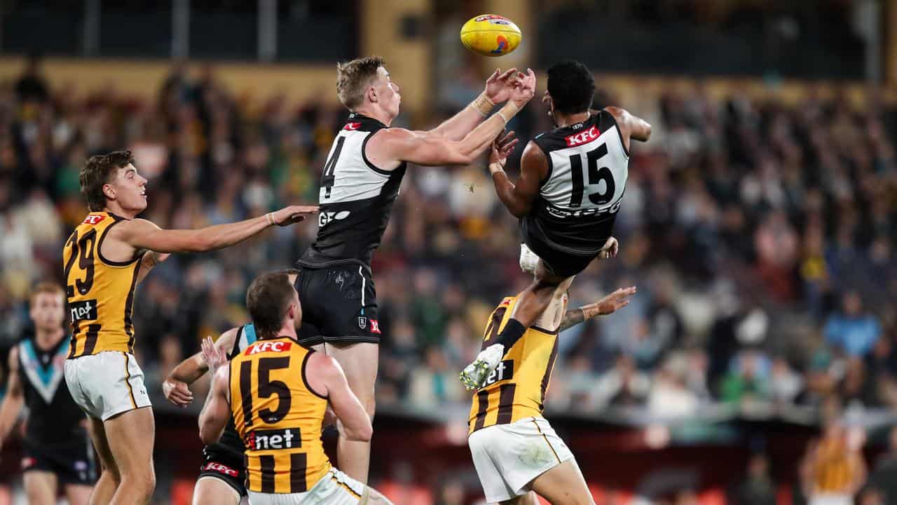 Todd Marshall and Willie Rioli compete for a mark.