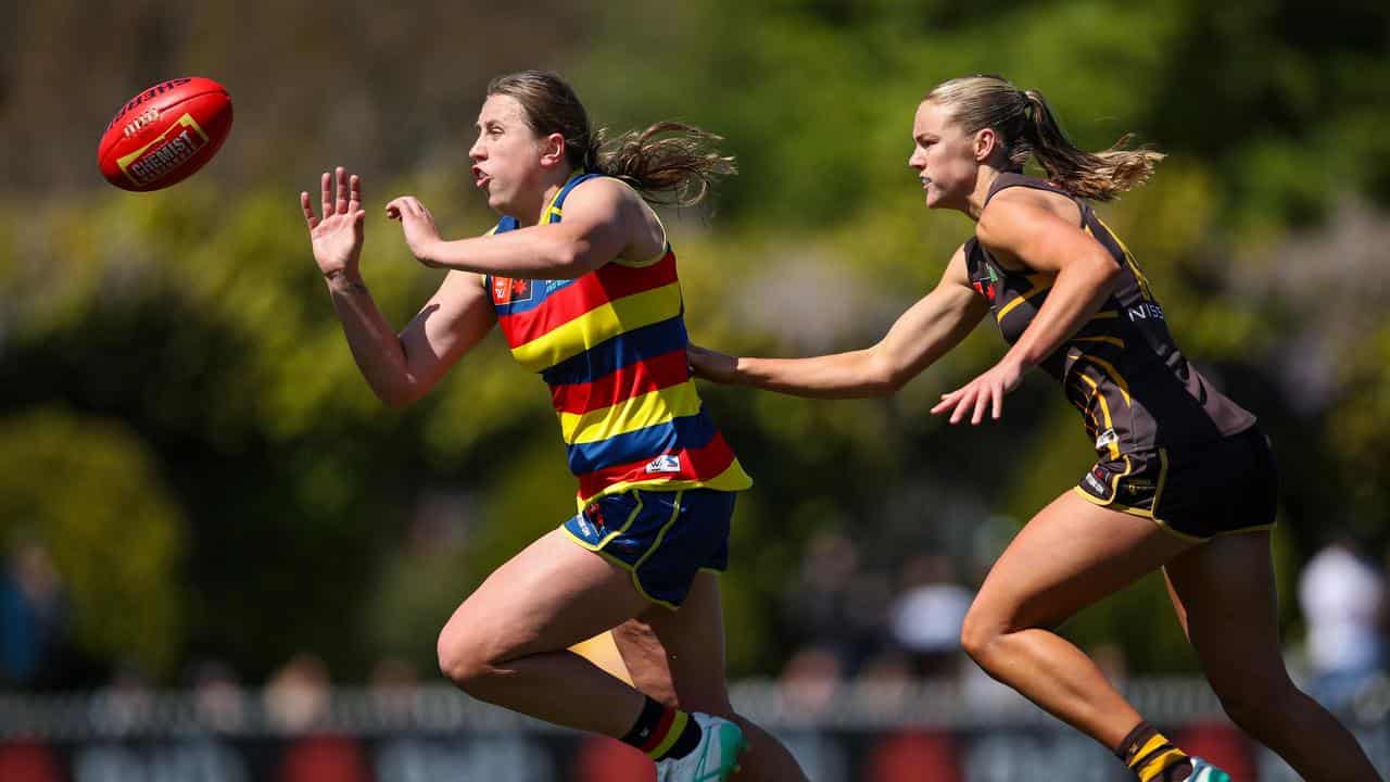 Chelsea Biddell of the Crows chased by Bridie Hipwell of the Hawks.