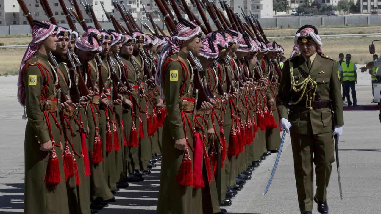 Jordanian troops lined up in preperation to meet Prince William.